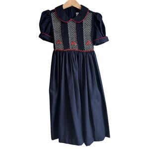 Luli & Me Vintage Smocked Puff Sleeve Dress Navy and Red 6